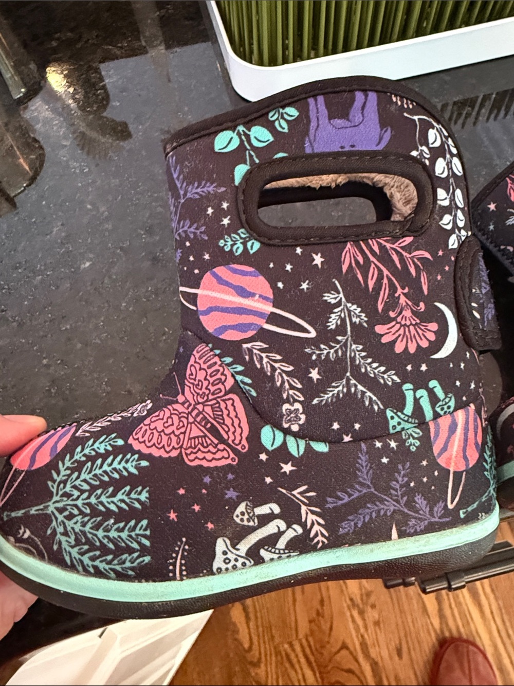 Bogs Kids Black Boots with Pink & Teal Accents